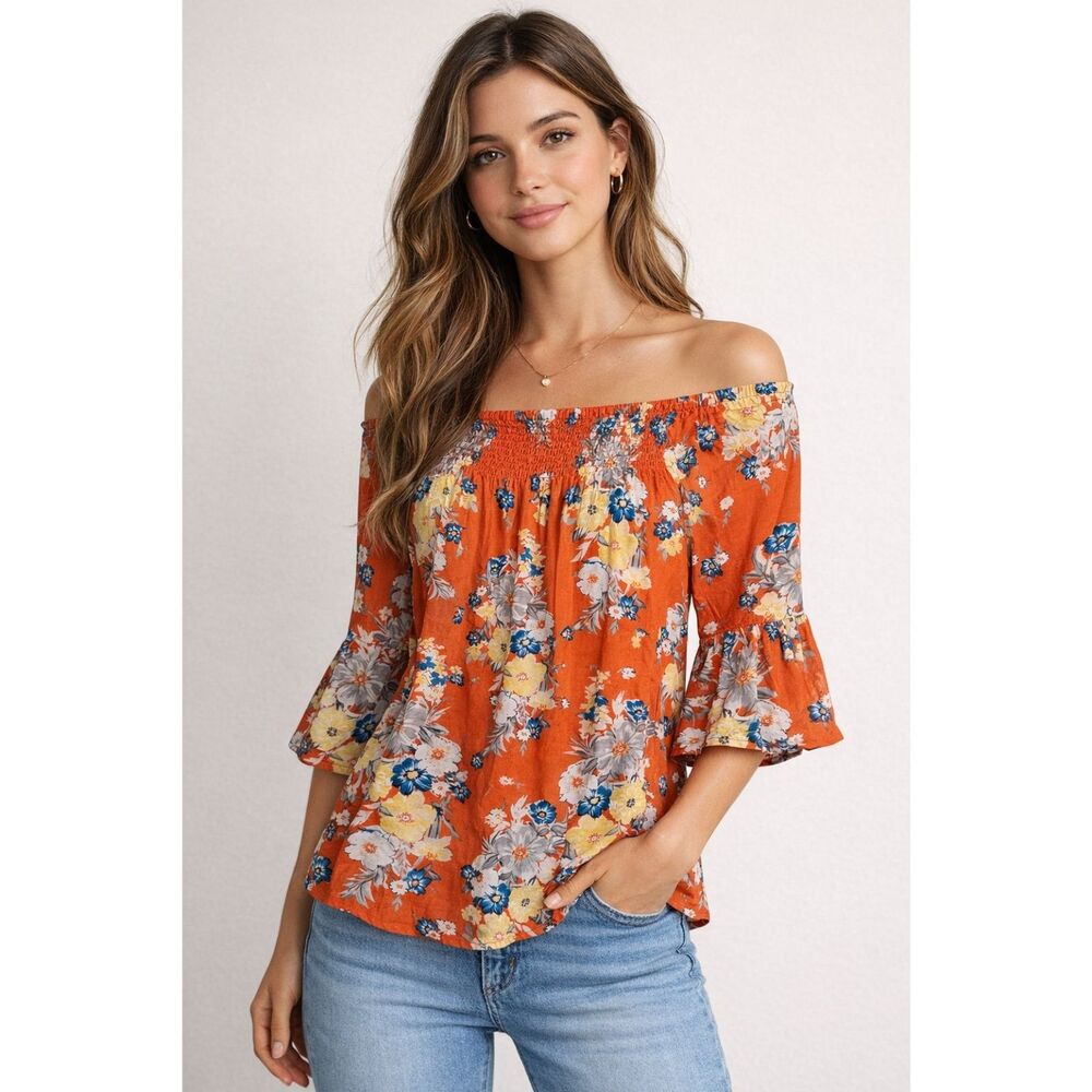 BeachLunchLounge Women's Small Ellora Orange Floral Bell Sleeve Blouse Top